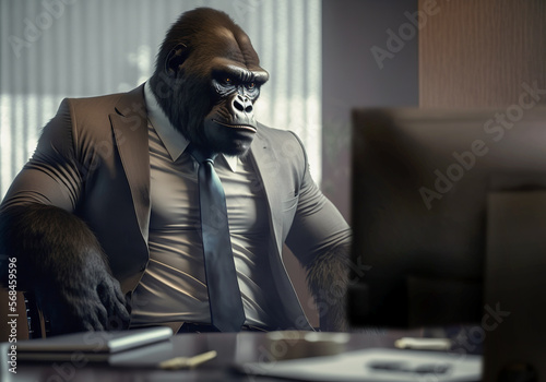 Portrait of gorilla in a business suit at the office. generative ai
