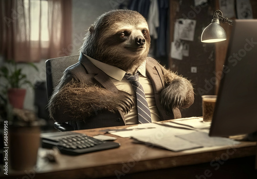 Portrait of sloth in a business suit at the office. generative ai