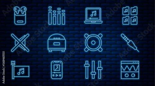 Set line Oscilloscope, Audio jack, Laptop with music note, Stereo speaker, Speaker mute, Air headphones in box, and Music equalizer icon. Vector