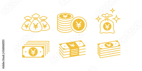 Set of Japanese yen icon paper money illustration, coin gold icon, bills or banknote yen icon design bundle photo