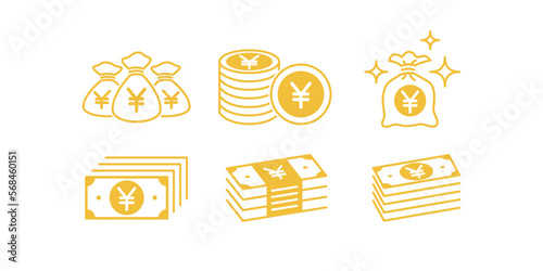 Set of Japanese yen icon paper money illustration, coin gold icon, bills or banknote yen icon design bundle