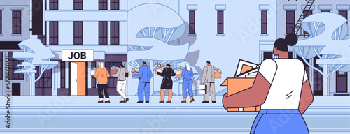 businesspeople candidates standing in line queue to door office hiring job employment crisis concept