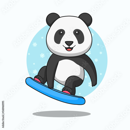 Cute panda playing snowboard cartoon illustration.