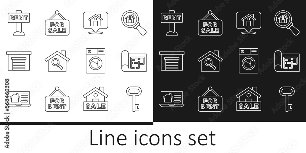 Set line House key, plan, Location with house, Search, Garage, Hanging sign Rent, Washer and For Sale icon. Vector