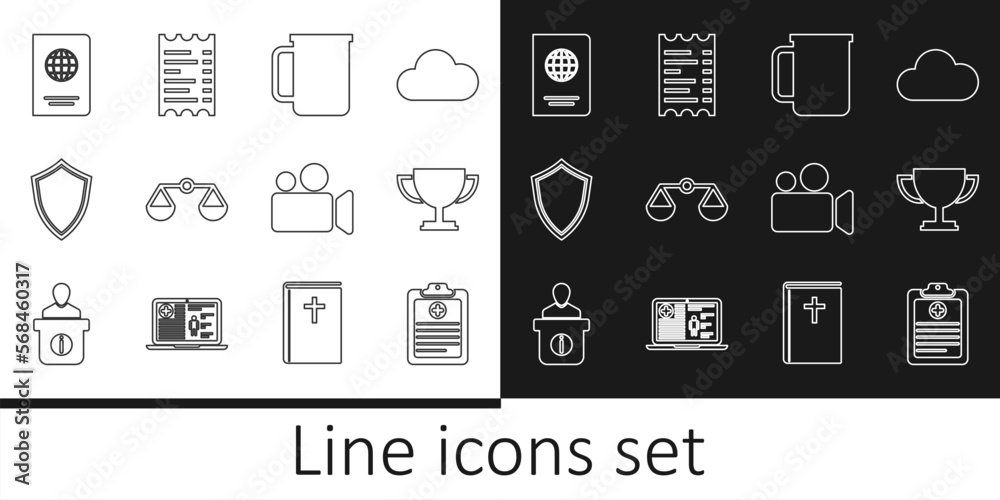 Set line Clinical record, Trophy cup, Coffee, Scales justice, Shield, Passport, Movie Video camera and Paper financial check icon. Vector