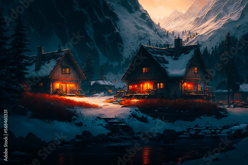 A warm and inviting alpine village, with cozy lodges, warm fires, and friendly locals © v.senkiv