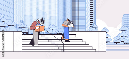 depressed businesspeople in despair holding cardboard boxes dismissed business people with things unemployment crisis