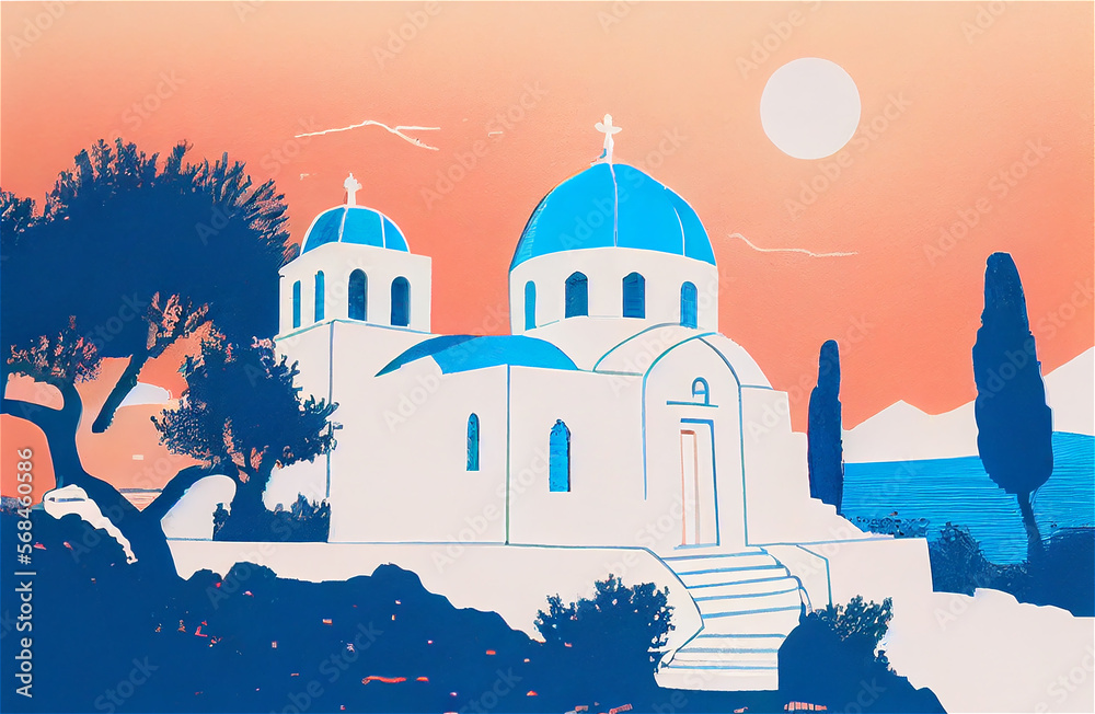 Blue and orange illustration of a typical Greek island landscape and buildings, generative AI