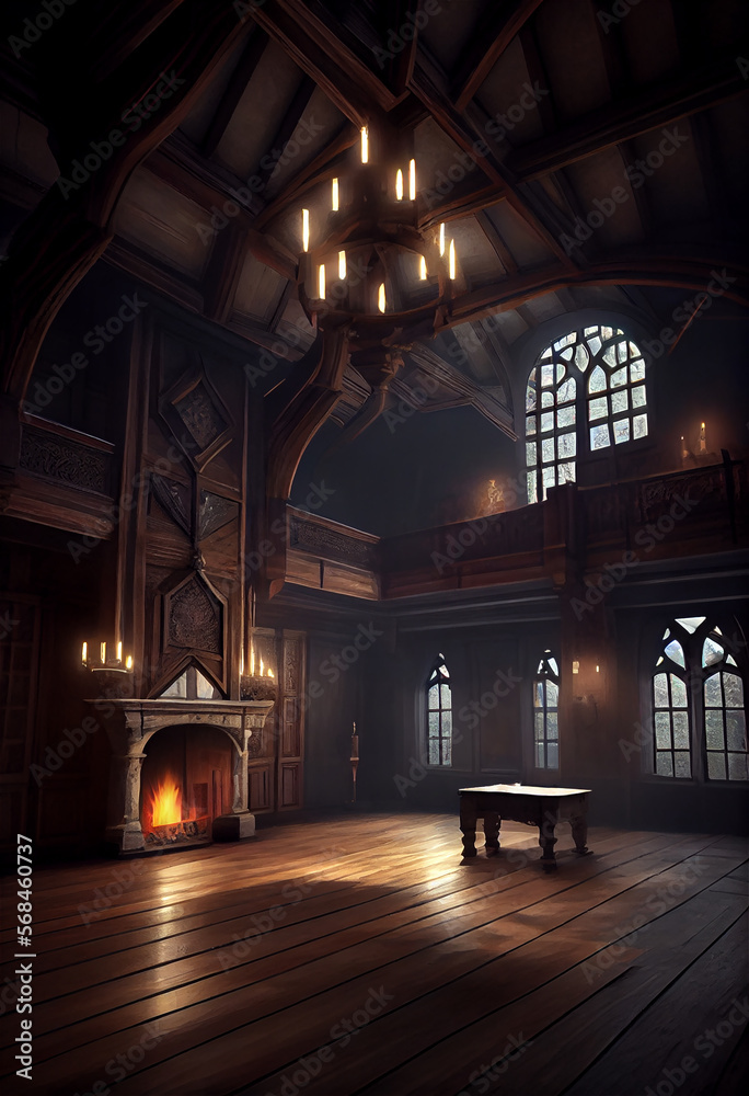 Fototapeta premium Ancient luxurious venetian ballroom with vaulted ceiling and beautiful windows, generative AI