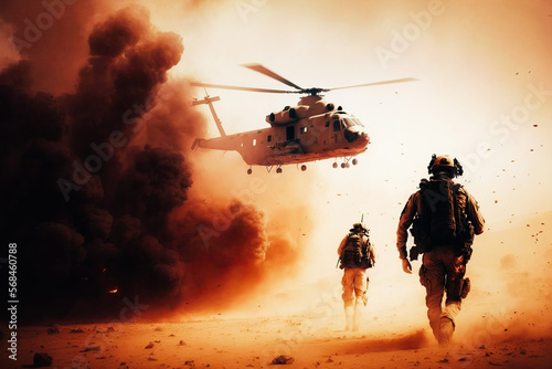 The chaos and confusion of a desert storm special operation with soldiers exchanging fire and a helicopter hovering overhead