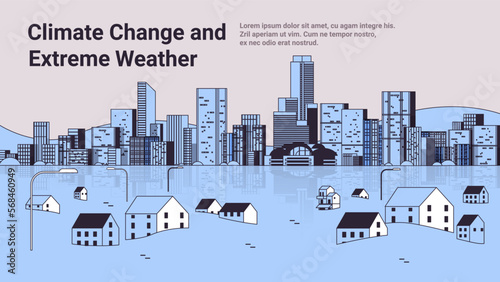 Natural disaster catastrophe storm buildings flood by big rising water levels submerge house as heavy monsoon rains climate change