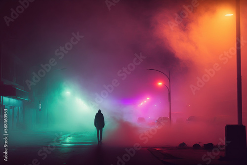Abstract happy Holi colorful background, Silhouette of man in colored fog AI Generated