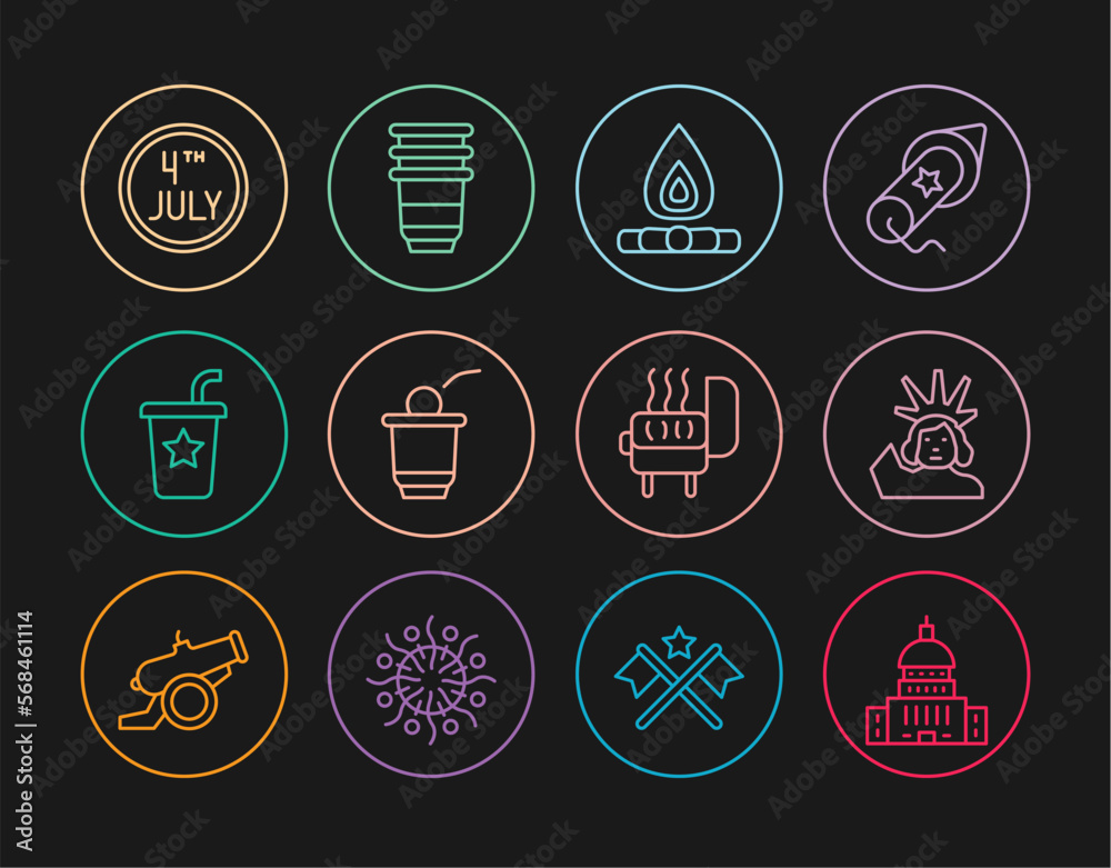 Set line White House, Statue of Liberty, Campfire, Beer pong game, Paper glass with straw, Calendar date July 4, Barbecue grill and icon. Vector