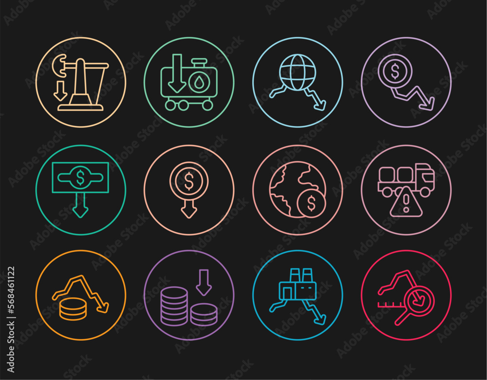 Set line Global economic crisis, Stop delivery cargo truck, Dollar rate decrease, Drop in crude oil price, and icon. Vector