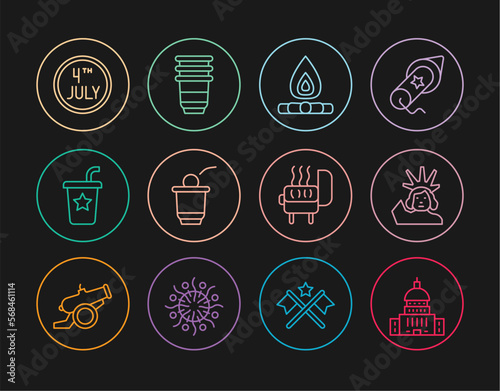 Set line White House, Statue of Liberty, Campfire, Beer pong game, Paper glass with straw, Calendar date July 4, Barbecue grill and icon. Vector