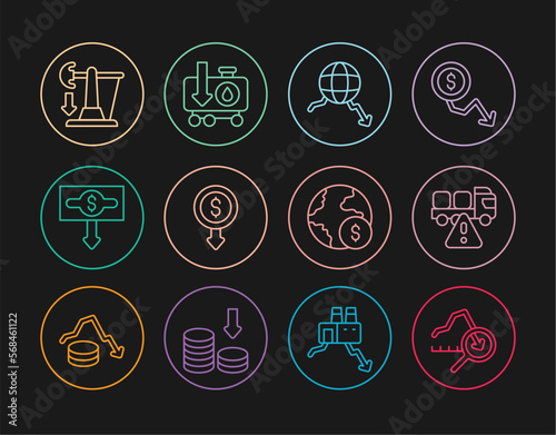 Set line Global economic crisis, Stop delivery cargo truck, Dollar rate decrease, Drop in crude oil price, and icon. Vector