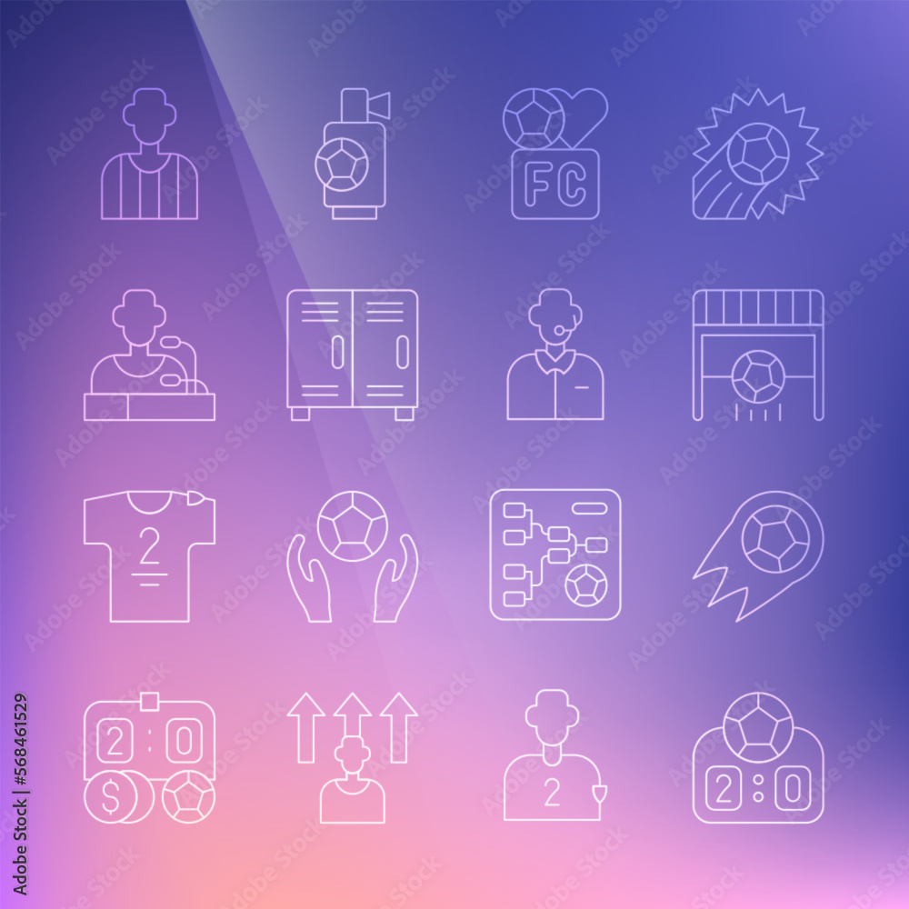 Set line Sport mechanical scoreboard, Soccer football ball, Football goal with, Fan club, Locker changing room, player press conference, soccer referee and commentator icon. Vector
