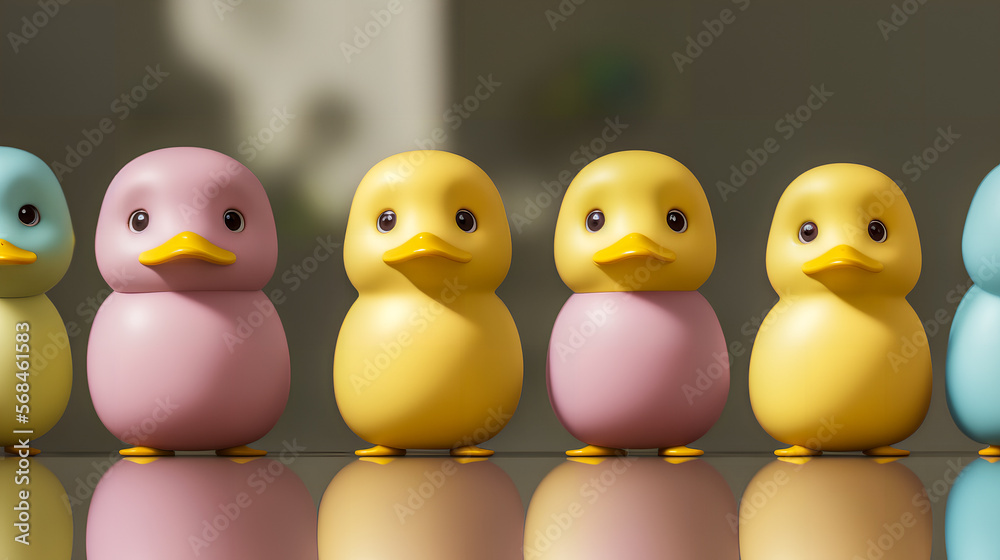 3D rendered plastic ducklings in pink blue and yellow colors, made with generative AI