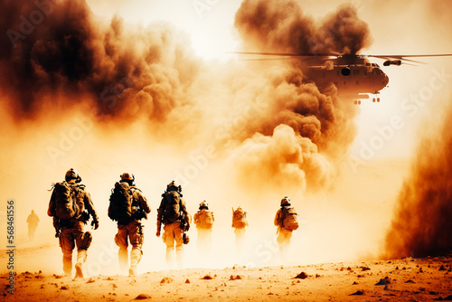 The teamwork of a special forces unit during a desert storm operation, with soldiers working together to accomplish their mission