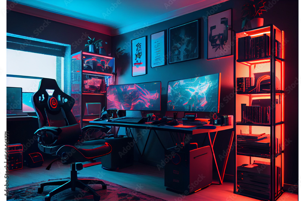 Interior of a cyberpunk colorful streaming and gaming studio for streamers