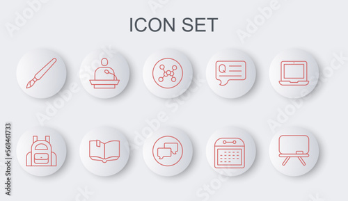 Set line Chalkboard, School backpack, Chemical formula, Calendar, Paint brush, Gives lecture, Open book and Speech bubble chat icon. Vector