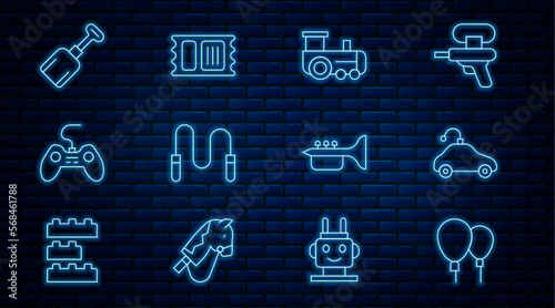 Set line Balloons, Radio controlled car toy, Toy train, Jump rope, Gamepad, Shovel, Trumpet and Circus ticket icon. Vector