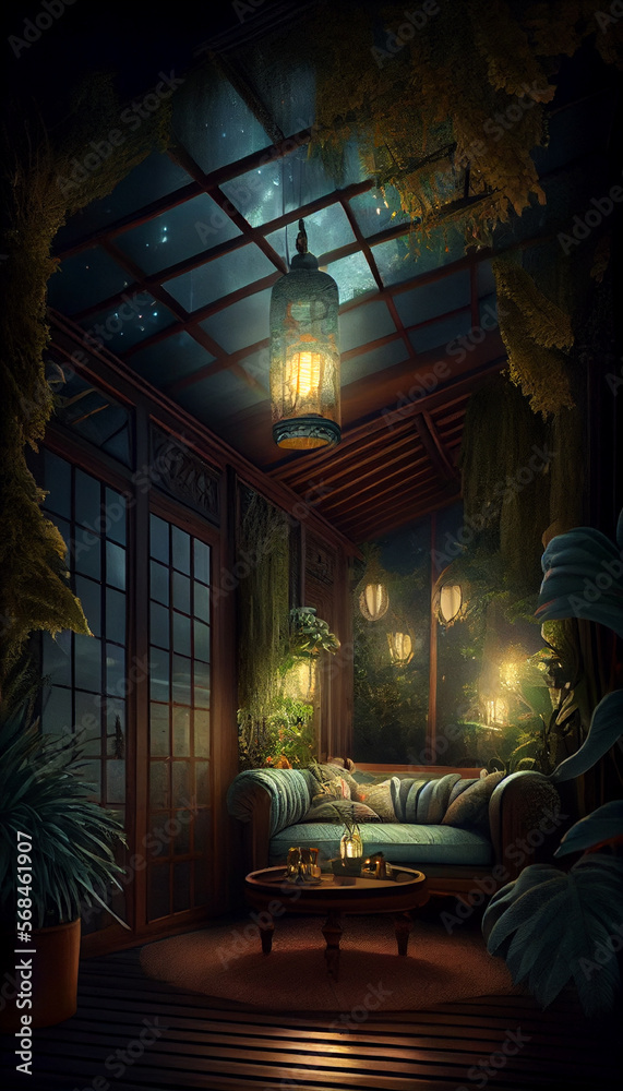 Interior design of a forest cabin lounge with eye-catching ceiling lighting and exotic plants at night | Night-time scene of a forest cabin lounge with plants and lights | Generative Ai | Indoor décor