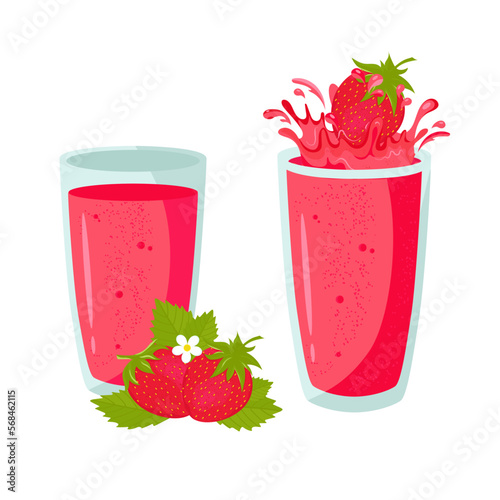 Strawberry juice, smoothies. Splashes and drops from the juice. Vector set in flat style

