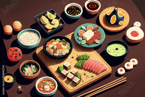 Japanese food on wooden table. Generative AI