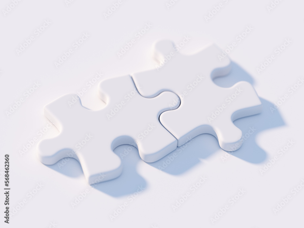 Two connected white puzzle pieces on white - 3d rendering Two connected white puzzle pieces on white - 3d rendering