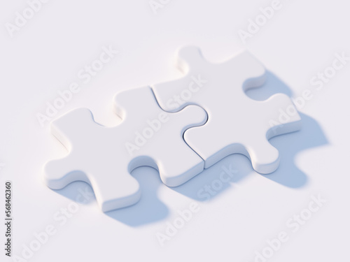 Two connected white puzzle pieces on white - 3d rendering