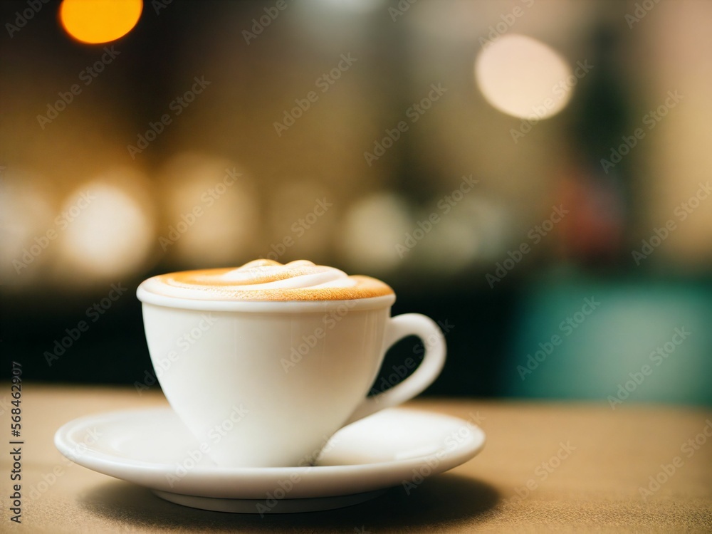 A Cup of Cappucchino Coffee on a Coffeetable with diffused lights in the background, generative Ai A Cup of Cappucchino Coffee on a Coffeetable with diffused lights in the background, generative Ai