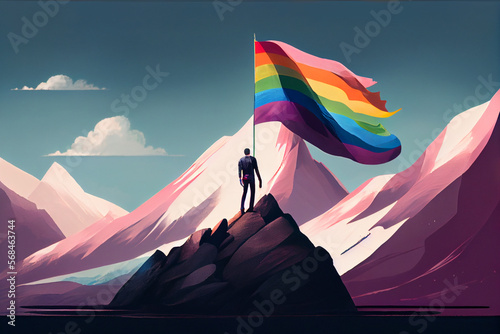 Man standing on top of the hill and holding the LGBT pride flag