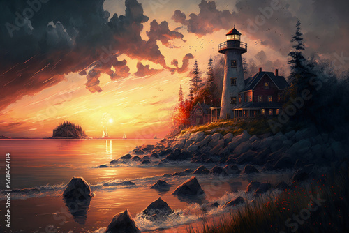 At sunset, a seacoast with a lighthouse and homes. natural setting with a river or sea and structures. A rough shoreline with a lighthouse. stunning natural landscapes, breathtaking vistas, and a beac photo