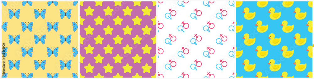 Set of bright seamless cartoon patterns. Trendy abstract colorful retro 80s backgrounds. Textile endless cute prints, stylish textures. Vector illustration. Set of bright seamless cartoon patterns. Trendy abstract colorful retro 80s backgrounds. Textile endless cute prints, stylish textures. Vector illustration.