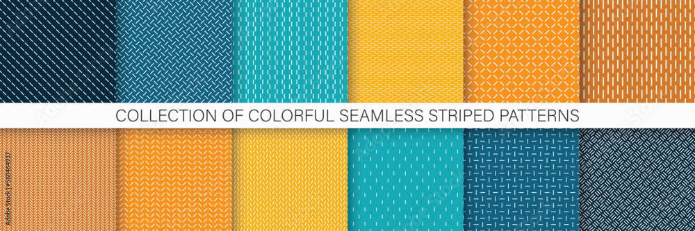 Collection of colorful dash minimalistic seamless patterns - geometric design. Repeatable simple striped backgrounds, textile unusual prints. Endless linear textures.
