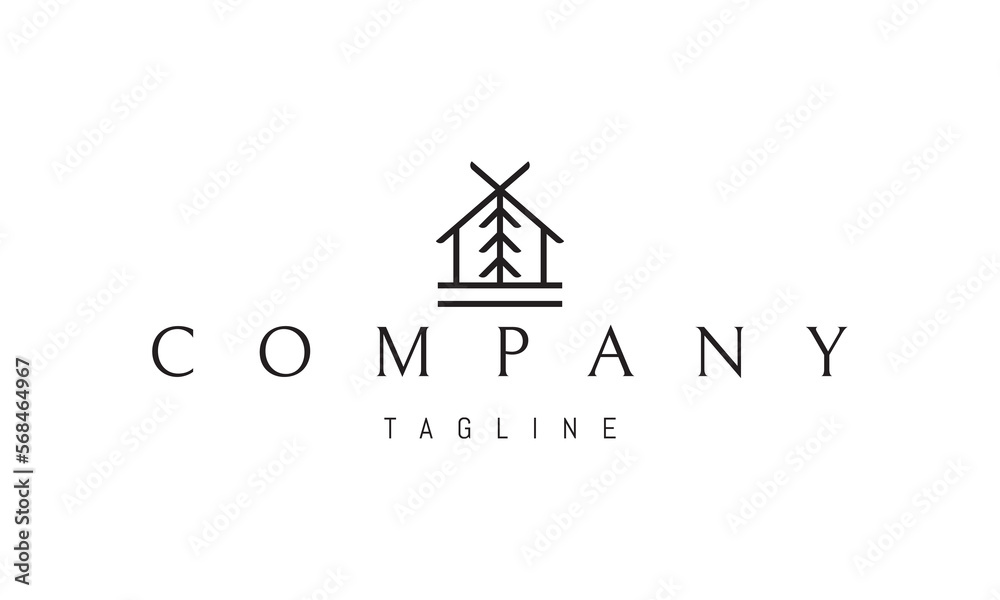 Vector logo on which an abstract image of a hut with a pine tree inside. Vector logo on which an abstract image of a hut with a pine tree inside.