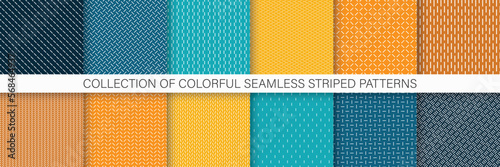 Collection of colorful dash minimalistic seamless patterns - geometric design. Repeatable simple striped backgrounds, textile unusual prints. Endless linear textures.