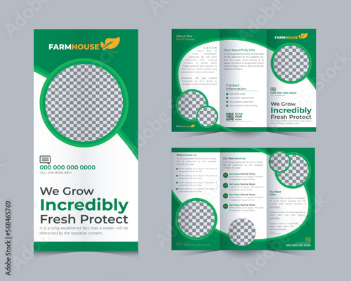 Organic Farming Tri Fold brochure template or agriculture farming brochure template vector layout, Green Environment flyer template design organic product trifold brochure template