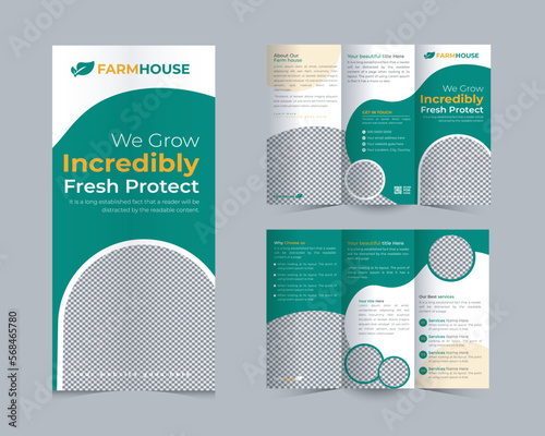 Organic Farming Tri Fold brochure template or agriculture farming brochure template vector layout, Green Environment flyer template design organic product trifold brochure template