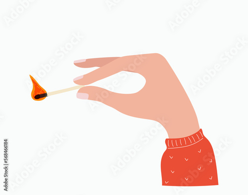 A hand with a match. Burning match in hand. Match Day.  Vector illustration. Background isolated.