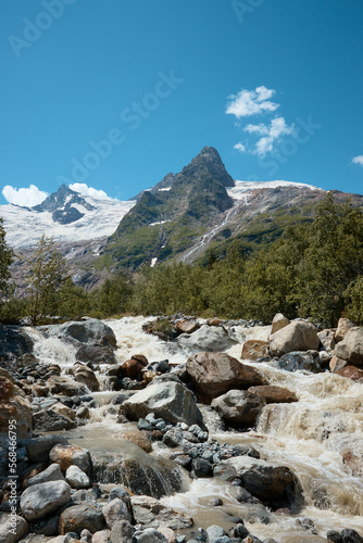 Landscape  mountain river and forest  water flowing over rocks  plants and greenery by the stream