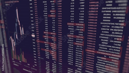 Stock market chart on a giant black screen. Red and green orders, prices on a trade exchange, vey slow travelling.	