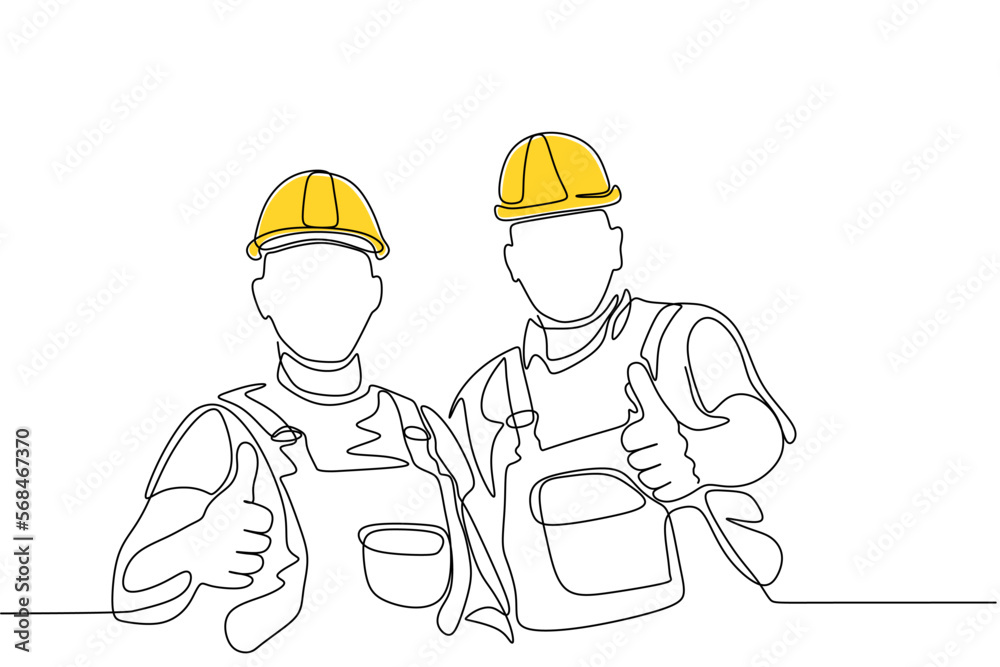 Single continuous line drawing of young construction manager giving instruction to builder coordinator at site meeting. Building architecture business concept. One line draw design vector