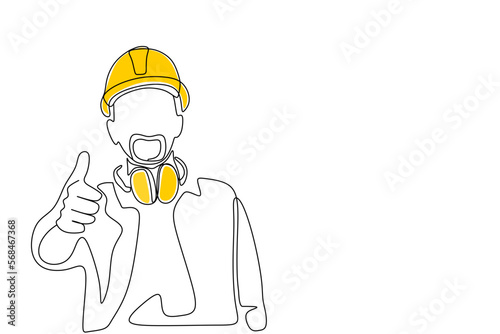 Single continuous line drawing of young construction worker. Building architecture business concept. One line draw design vector