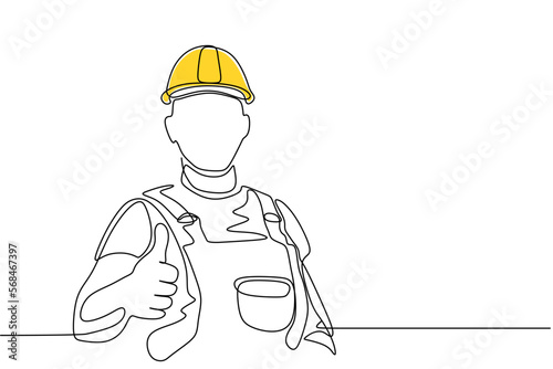 Single continuous line drawing of young construction worker. Building architecture business concept. One line draw design vector