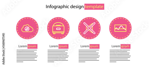 Set line Speaker mute, Music wave equalizer, Stereo speaker and streaming service icon. Vector