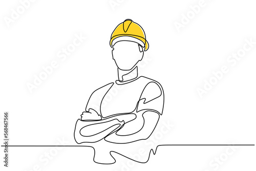 Single continuous line drawing of young construction worker. Building architecture business concept. One line draw design vector