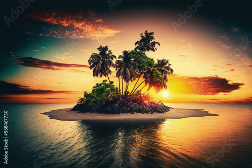 Stunning island paradise with a beach and water around a coconut palm tree. Generative AI