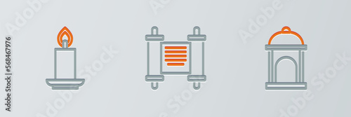 Set line Muslim Mosque, Burning candle and Decree, paper, parchment, scroll icon. Vector